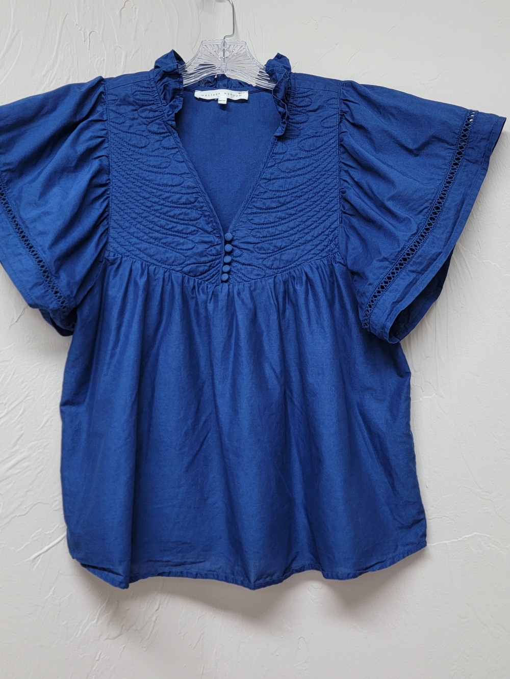 Melissa Nepton Womens Emily Blouse Navy Blue  Quilted Flutter V-Neck Babydoll XS